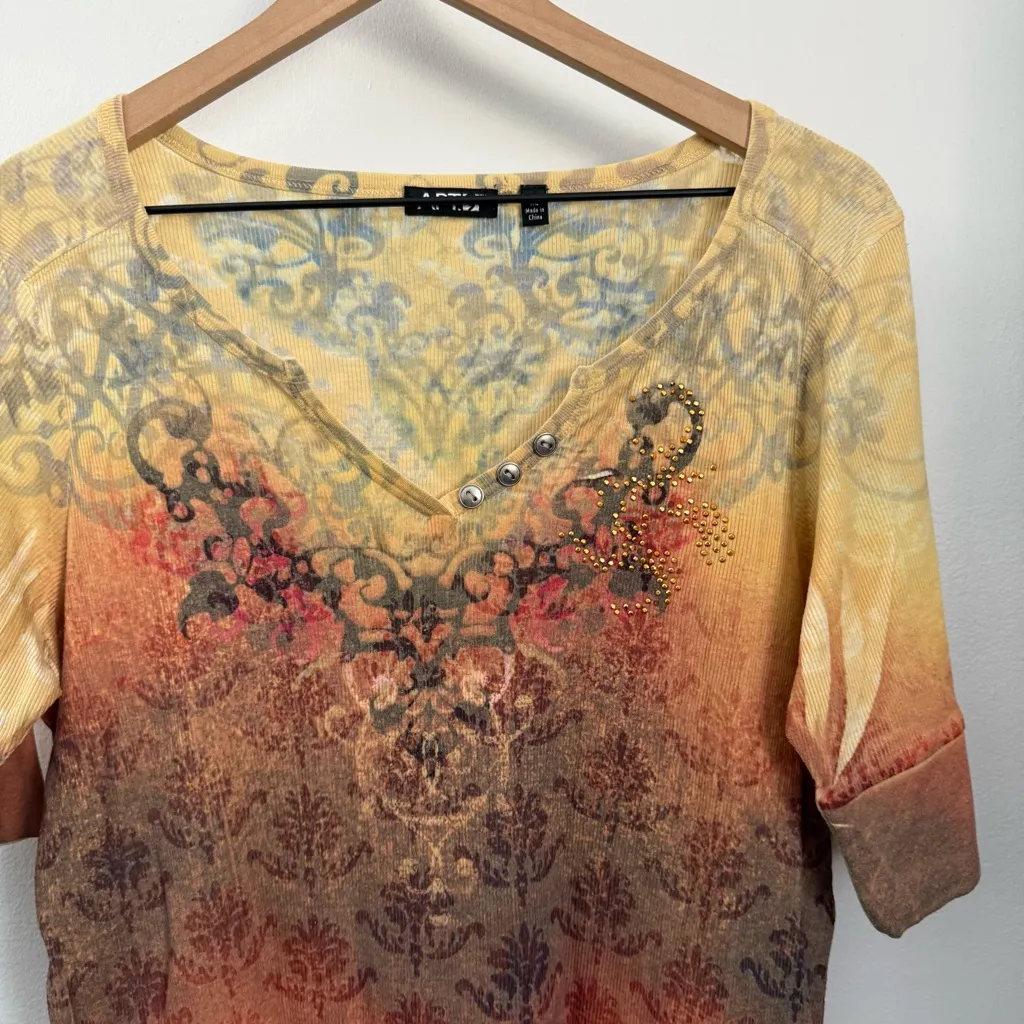 Y2K XL Paisley Henley Short Sleeve Tee Rib Yellow Red Orange Fire Floral - Image 2