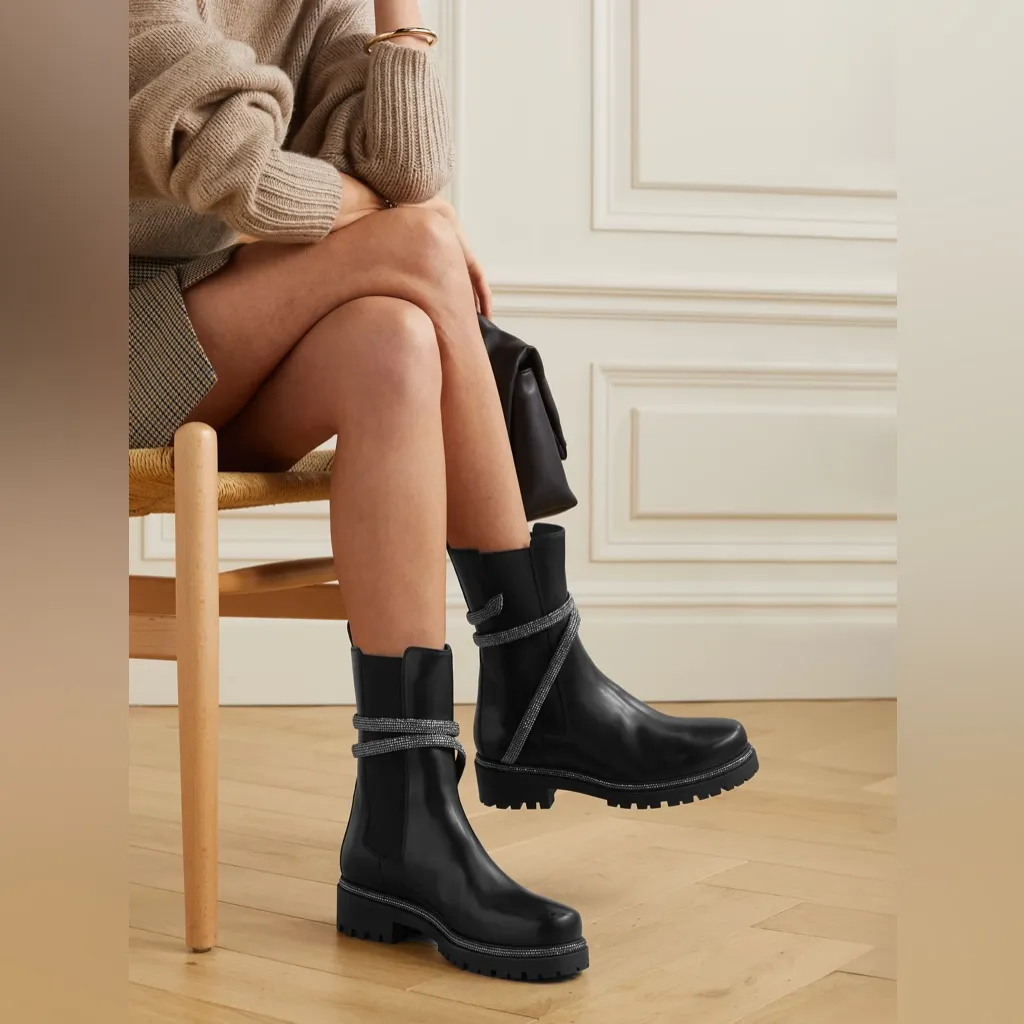 Rene Caovilla Cleo Shimmery Chelsea Boots Black Leather Size EU 37 - Image 10