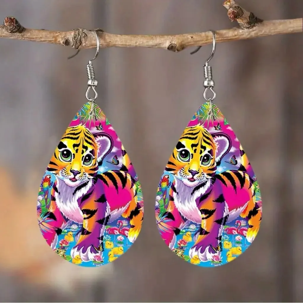 Lovely Tiger Design Waterdrop Colorful Wooden‎ Drop Dangle Earrings - Image 6