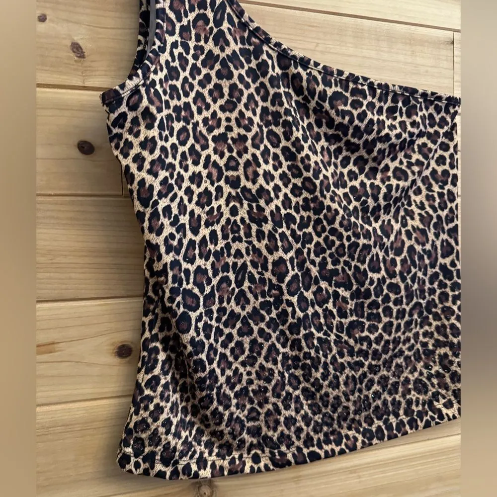 Vintage Y2K Rave Size Small One Shoulder Bedazzled Leopard One Shoulder Crop Top Brown - Image 3