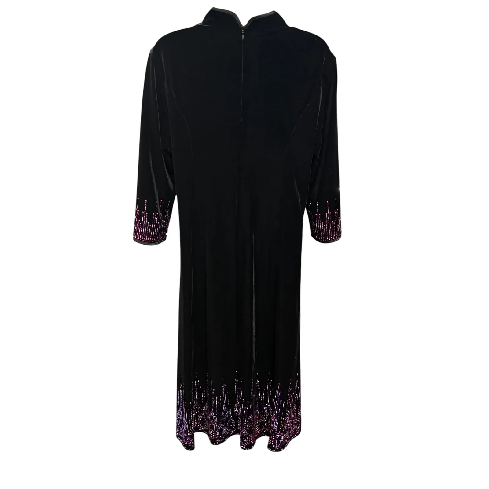 Black Velvet Maxi Dress Pink Rhinestone Beaded Elegant Formal Long Sleeve M VTG‎ Size M - Image 2