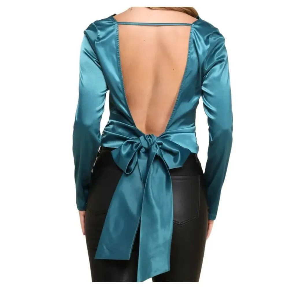 NWT Lulus teal green satin top size M open back big bow. - Image 2