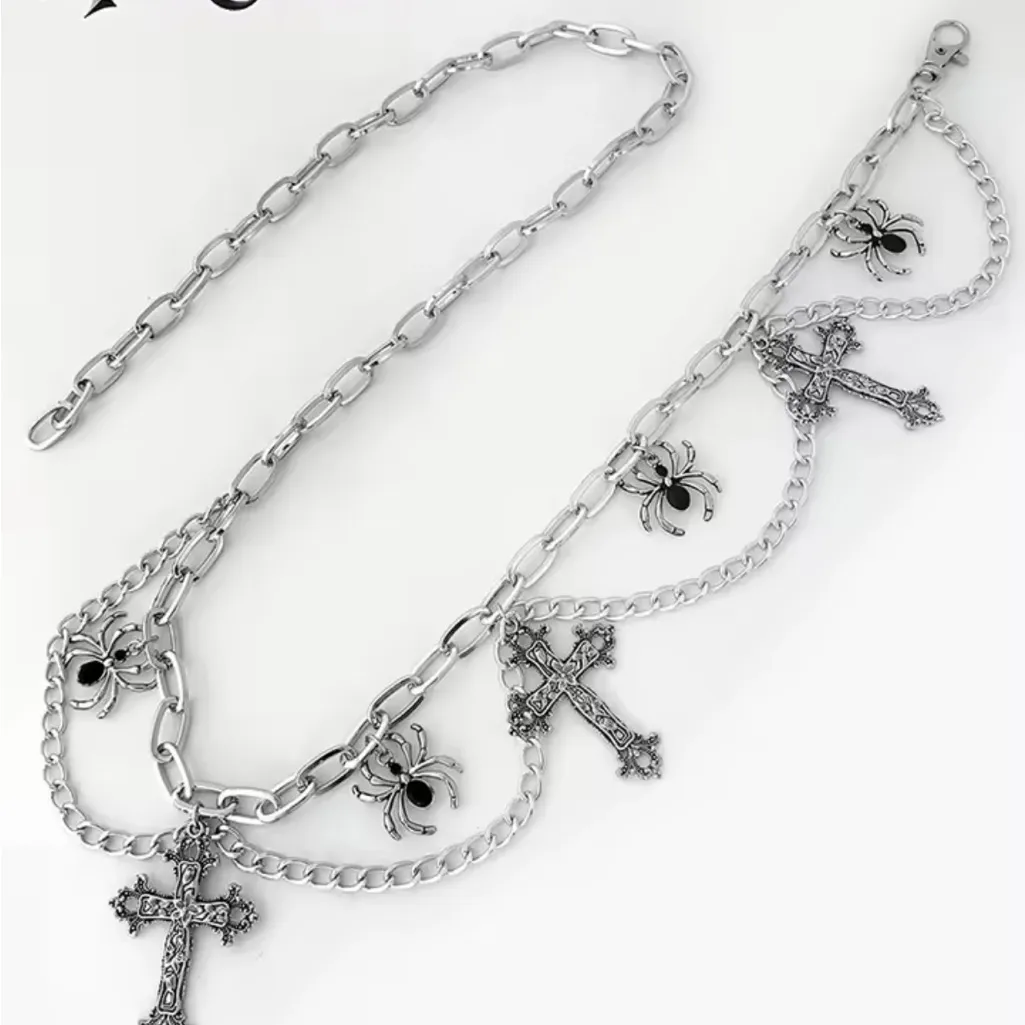 Silver Gothic Necklace with Cross and Spider Charms - Image 2