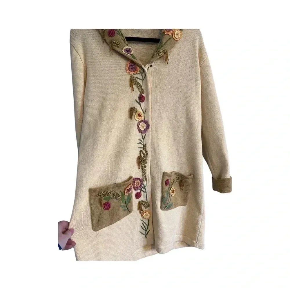 STORYBOOK‎ KNITS Floral Collard Beaded Embroidered Cardigan Sweater L Long Yellow Size L - Image 2