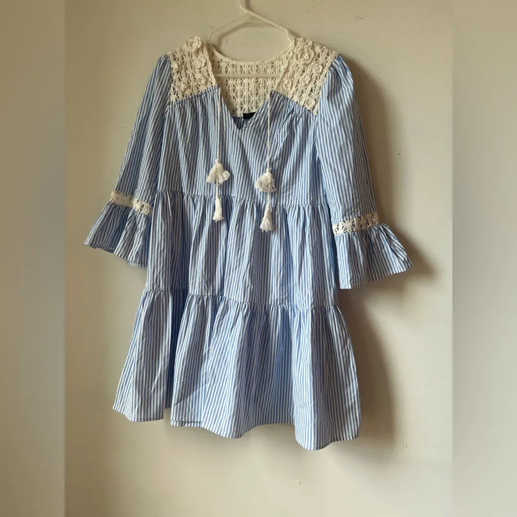 AQUA Blue White Stripe Crochet Lace Boho Tiered Dress Tassel Tie Size M - Image 3