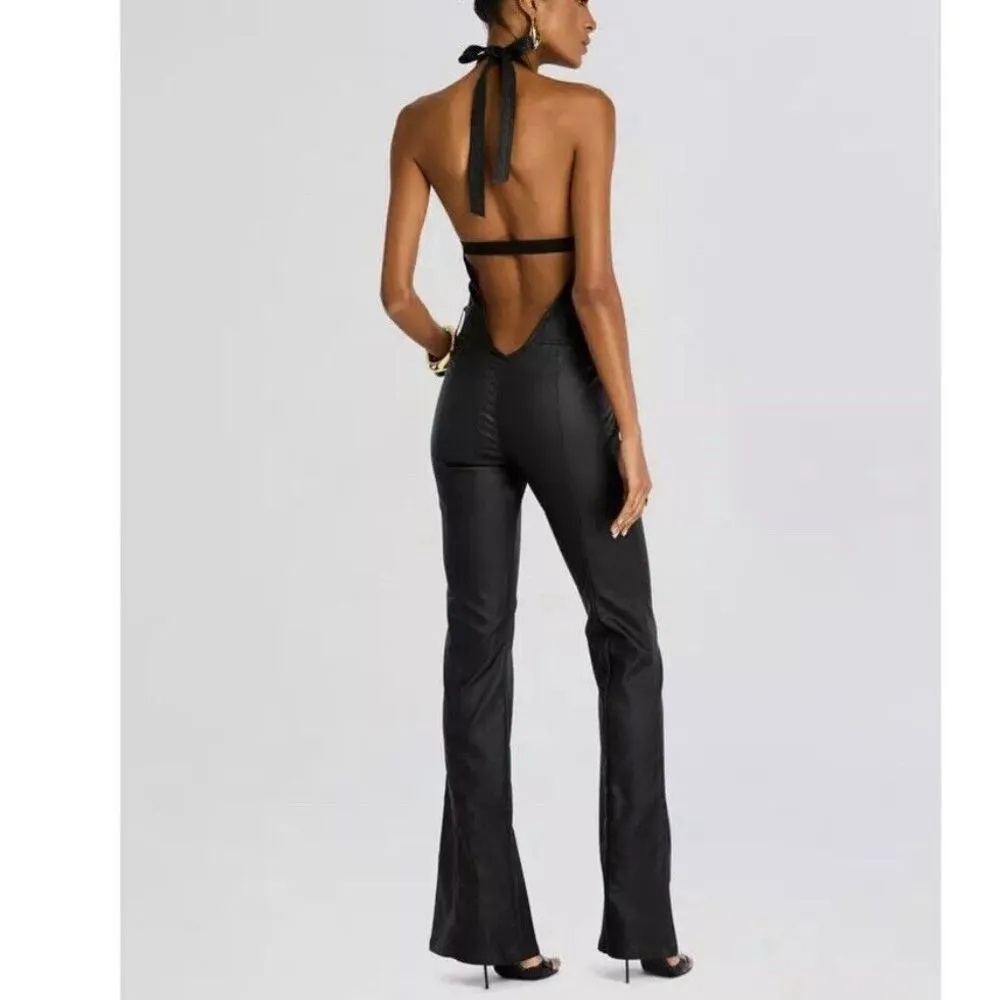 Retrofête Cynthia Jumpsuit Black Coated Flared Leg Retro Revolve Women’s Size S - Image 4