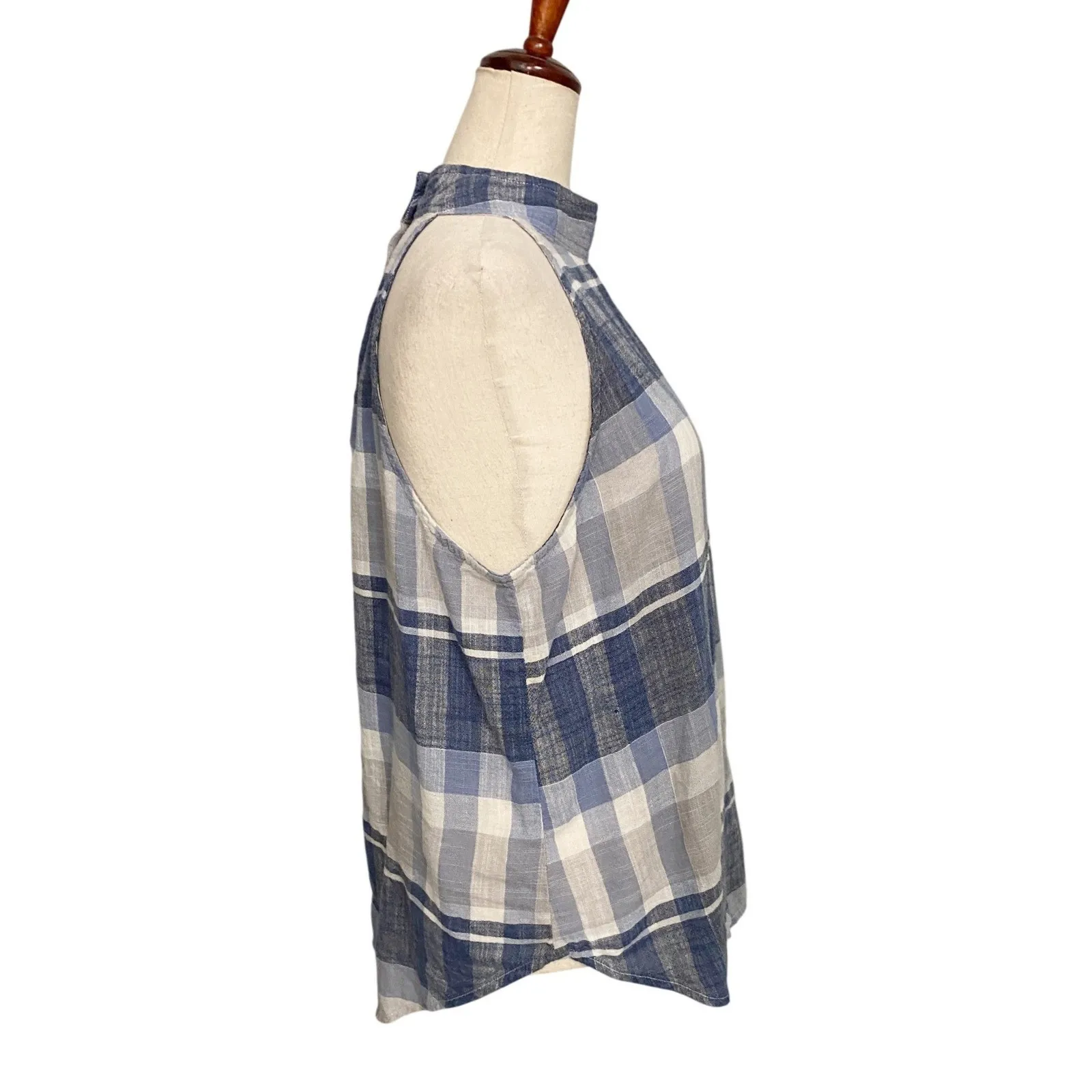 Cloth & Stone Plaid Halter Button Back Top Women's Blue Gray Linen Blend M EUC - Image 10