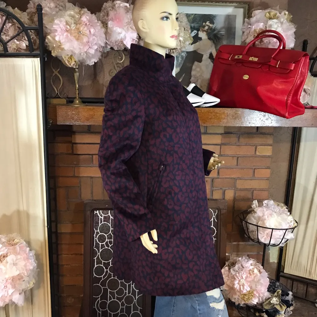 LOFT NAVY BLUE AND MAROON LEOPARD PRINT WOOL BLEND COAT (M) - Image 4