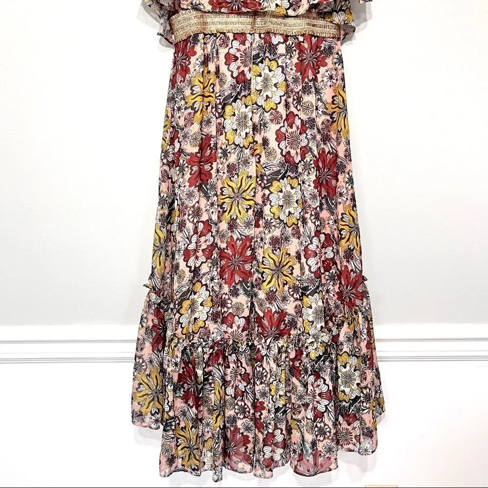 Taylor Pink Floral Flutter Sleeve High Low Midi Dress Size 4 Gold - Image 7