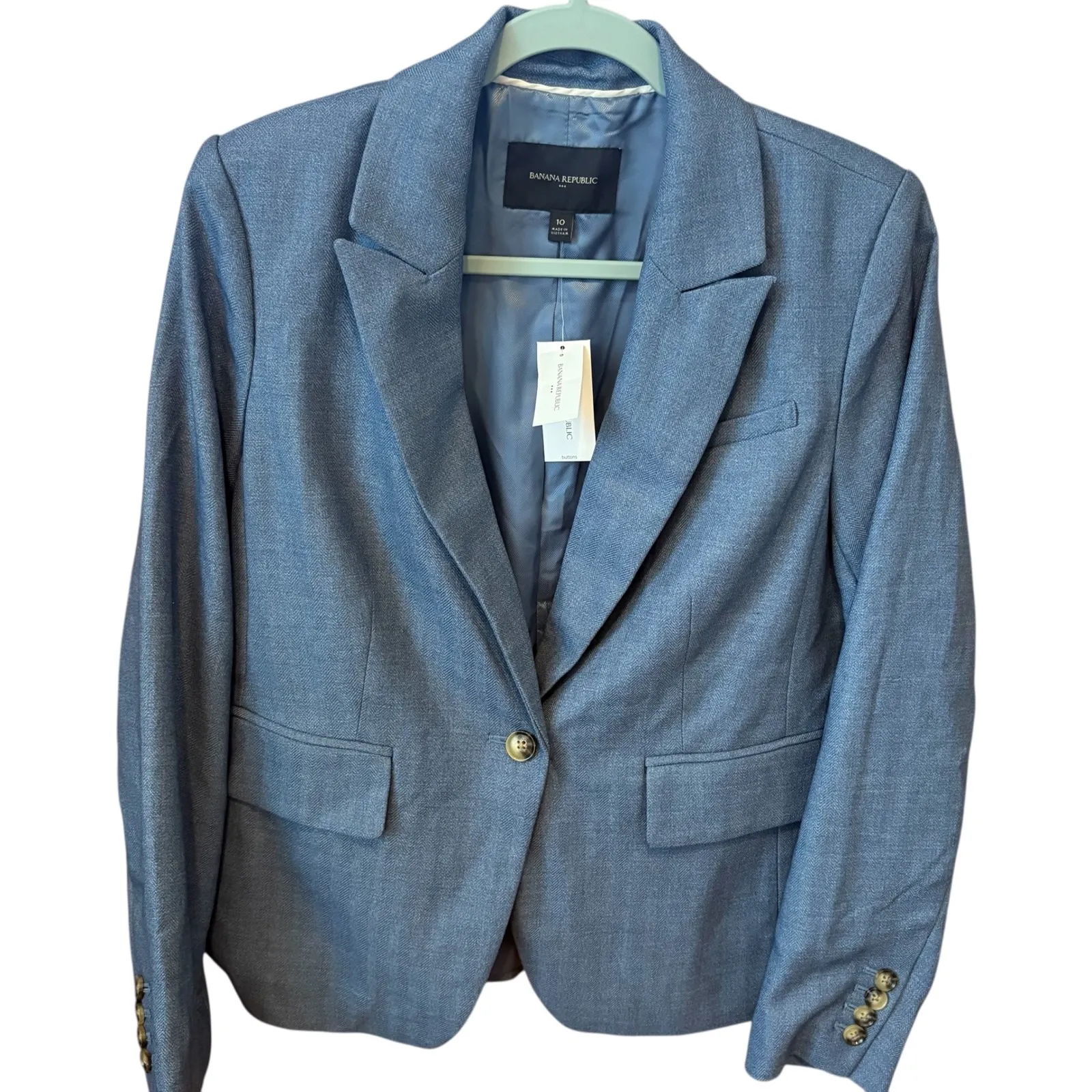 Banana‎ Republic NWT Blue Herringbone Blazer - Short Cutaway Women's Size 10 - Image 4