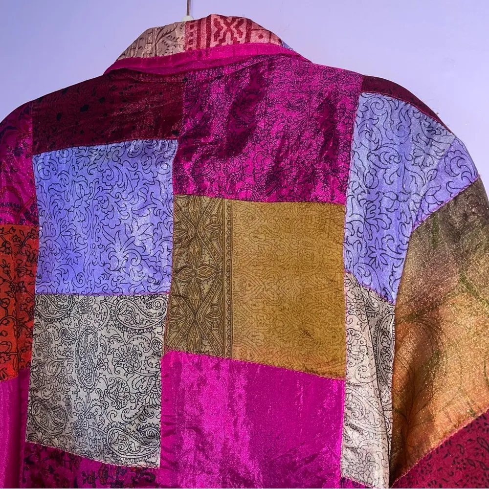 Vintage Tantrums 100% Silk Multicolor Patchwork Jacket Cardigan Blazer Size M - Image 6