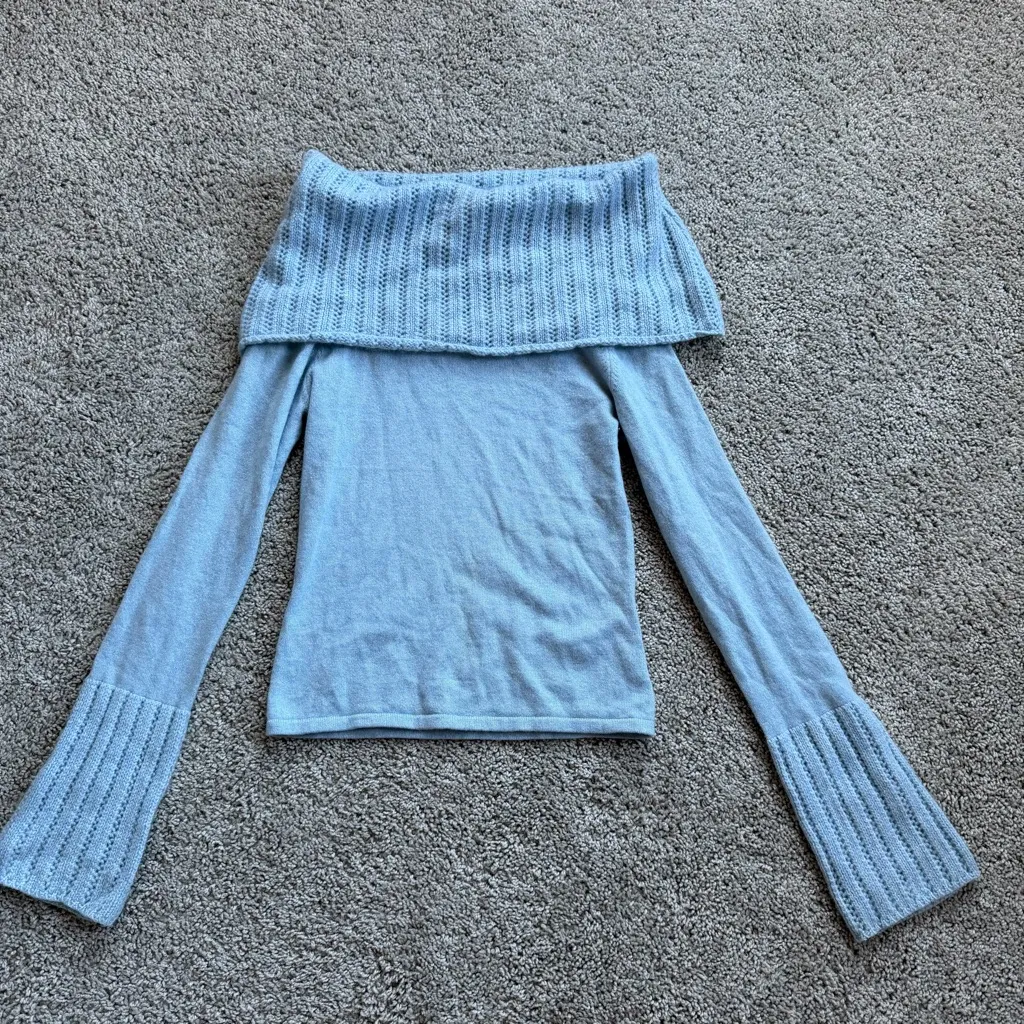 Autumn Cashmere Light Blue Off The Shoulder 100% Cashmere Sweater Size Small - Image 2