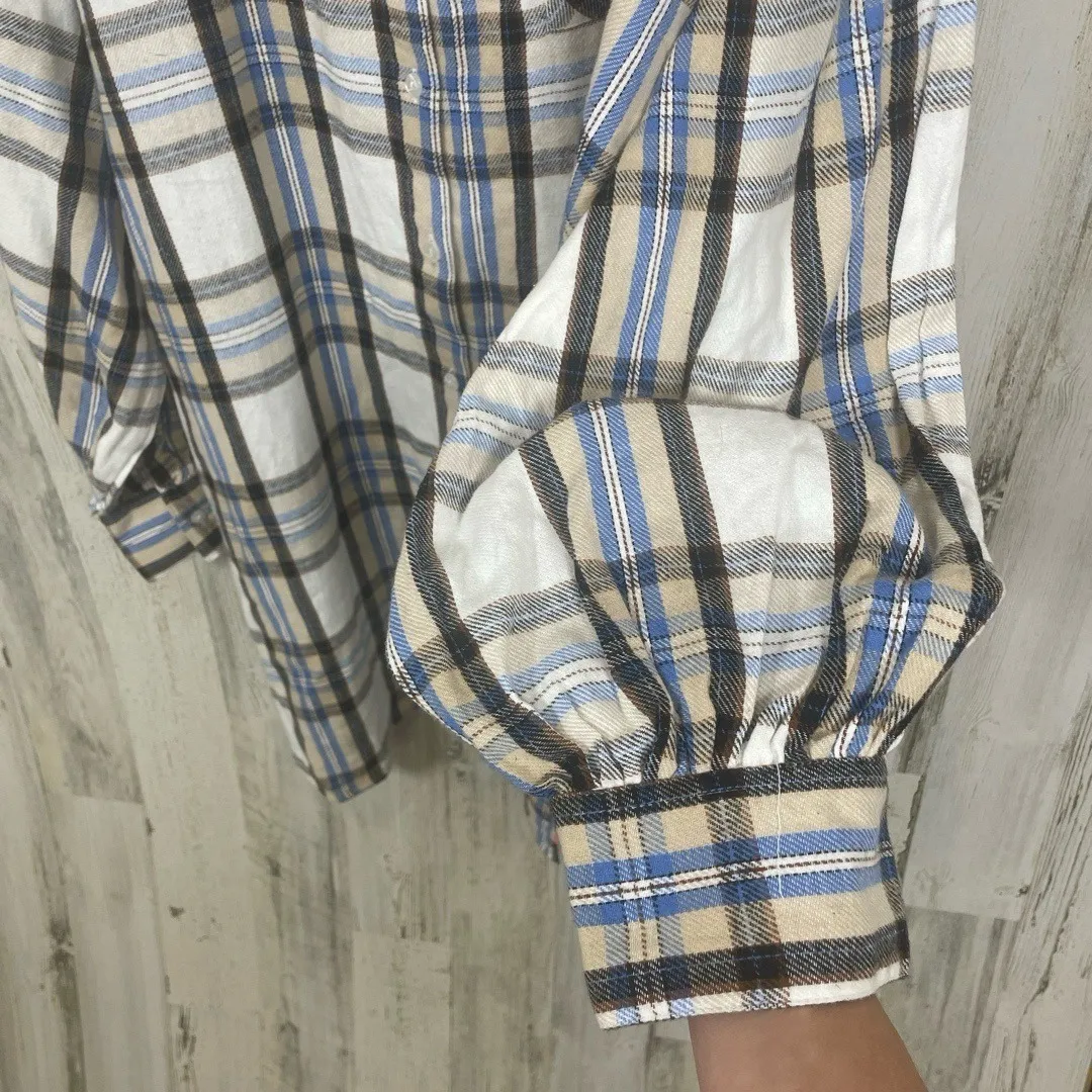 ASOS Curve Oversized Mini Shirt Dress sz 16 NWT Cream Plaid Flannel Long Sleeve - Image 7