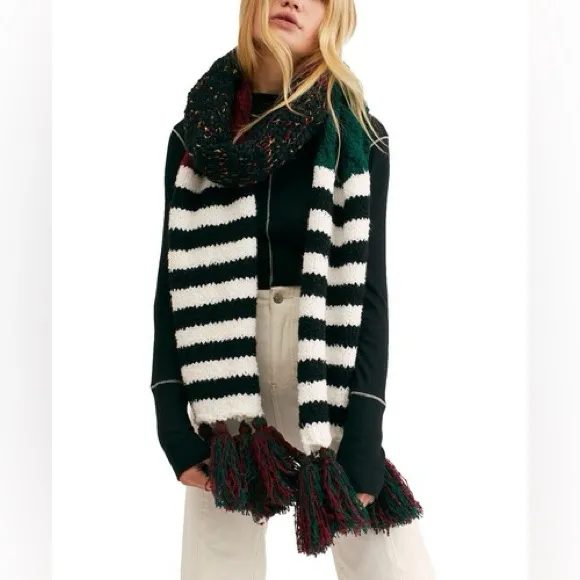NWT Free People Nova Stripe Tassel Long Scarf Red Green White Autumn One Size - Image 2