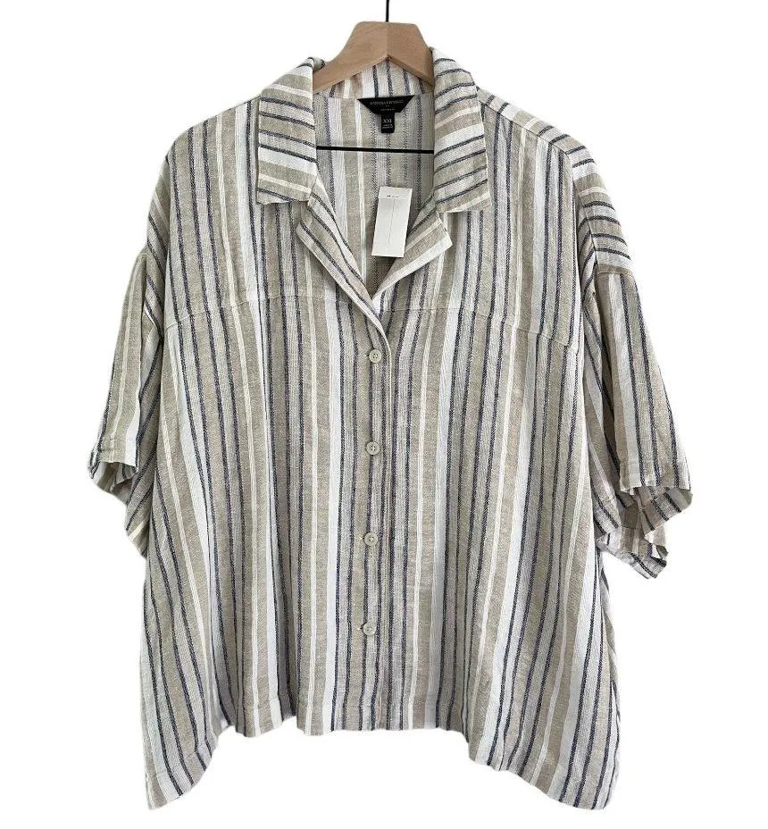 NWT  Factory Linen Button Front Collared Shirt Stripe Ivory XXL - Image 4