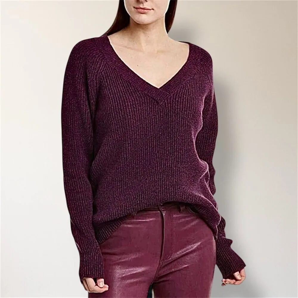 BCBGMAXAZRIA Burgundy Red Knit Oversized V Neck Sweater Long Sleeve Cotton Blend - Image 2