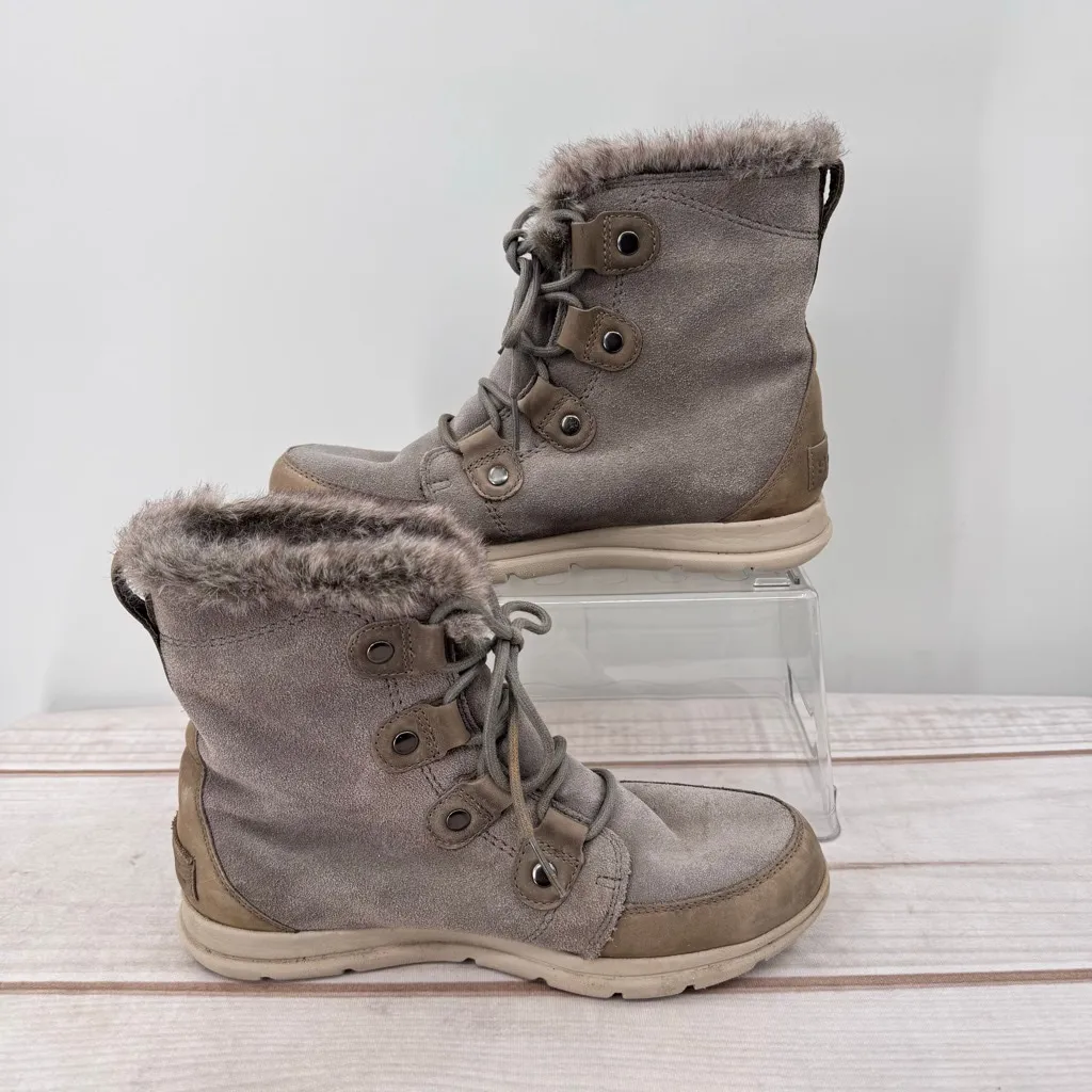Sorel Explorer Joan Boots Gray Taupe Suede Faux Fur Lace Up Warm Winter Size 10 - Image 3