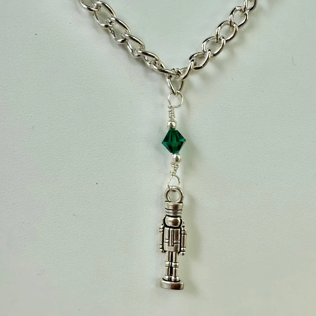 Hand Crafted Antique Silver Toy Soldier with Green Crystal Chain Necklace - Image 6