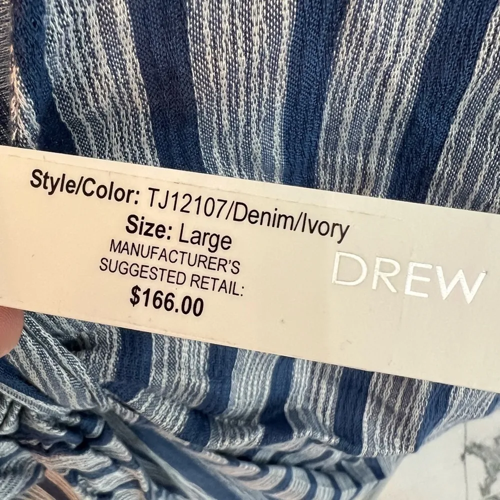 DREW TJ12107 denim & ivory wide sleeved blouse knot back relaxed fit, NWT size L - Image 6