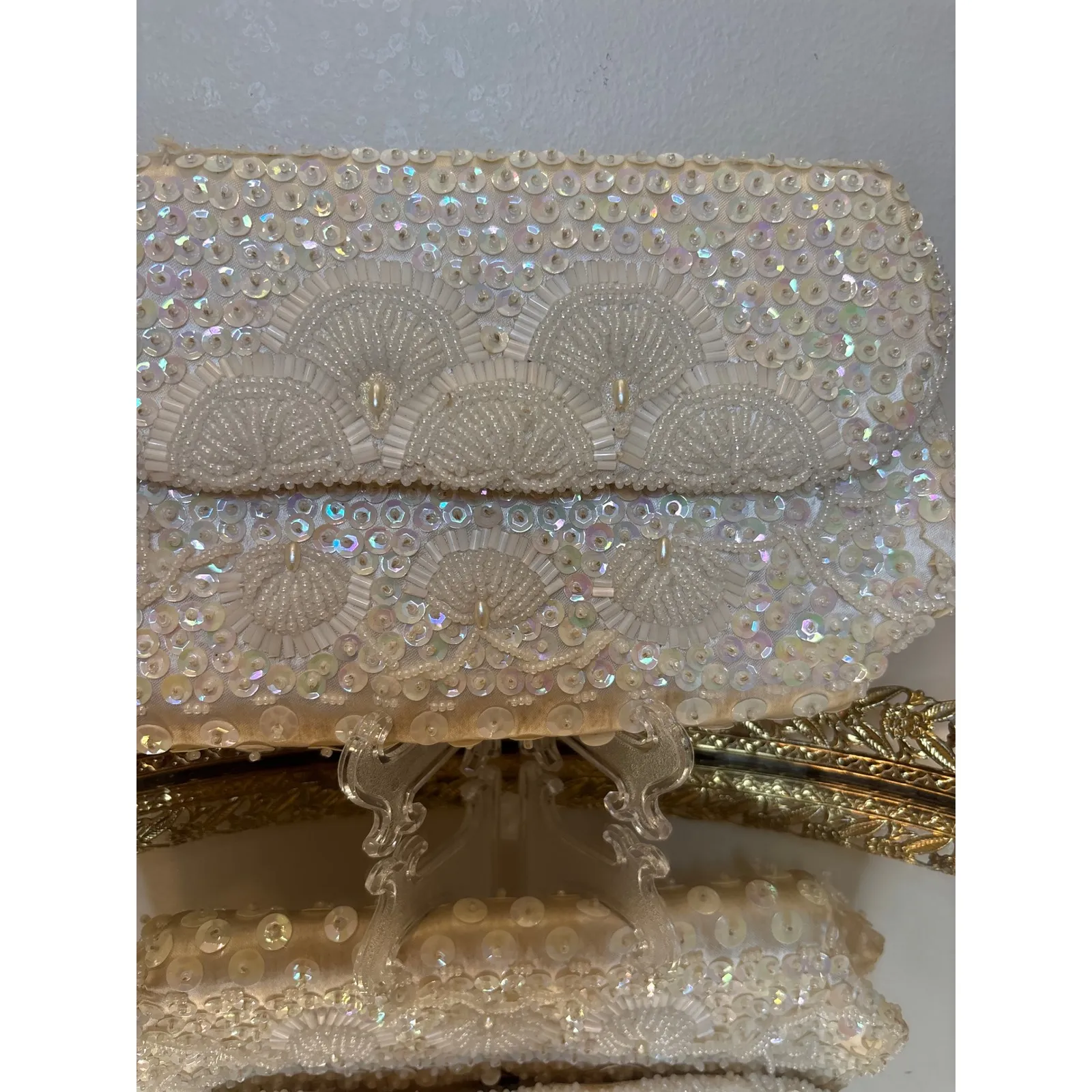 Glamorous White Beaded Sequin Clutch Evening Bag Formal Purse Fine Arts Bag - Image 3