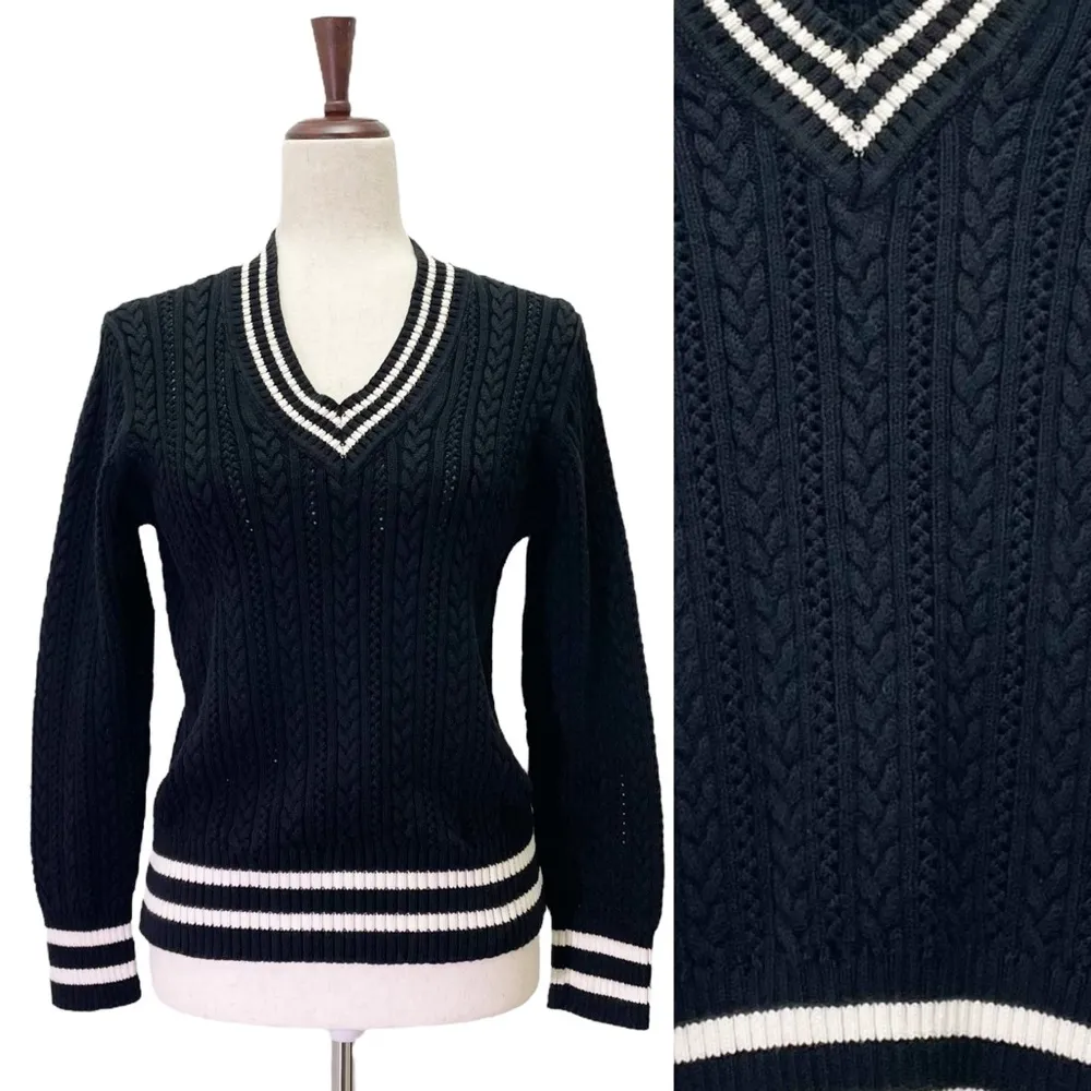 Liz Claiborne Cotton Cable Knit Sweater Size XL Black Ivory Varsity V-Neck VTG - Image 12