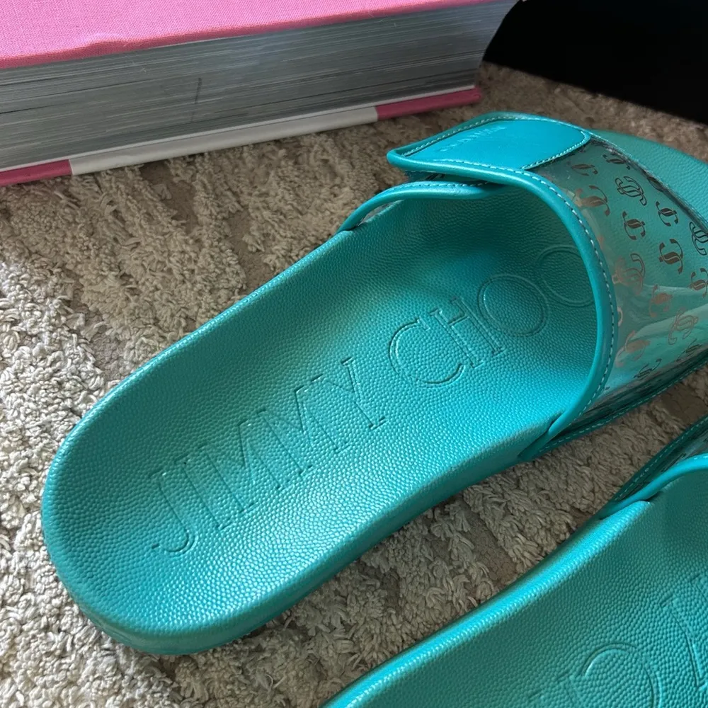 Authentic Jimmy Choo Teal FITZ Logo Slides / Sandals - Image 12