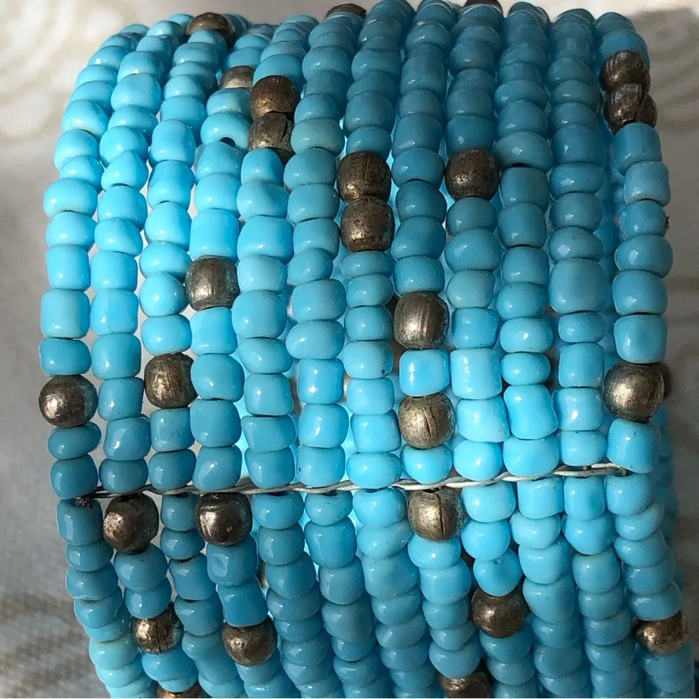 Turquoise Beaded Bangle Bracelet Cuff 2” wide - Image 4