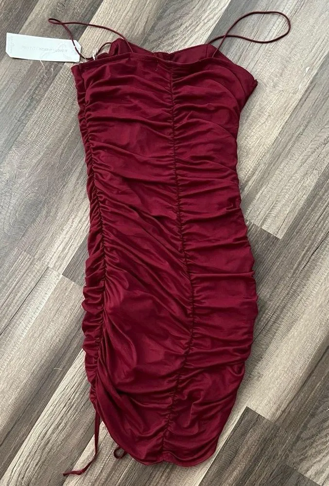almost FAMOUS Cami Bustier Ruched Dress Juniors' Small Burgundy Spaghetti Strap - Image 2