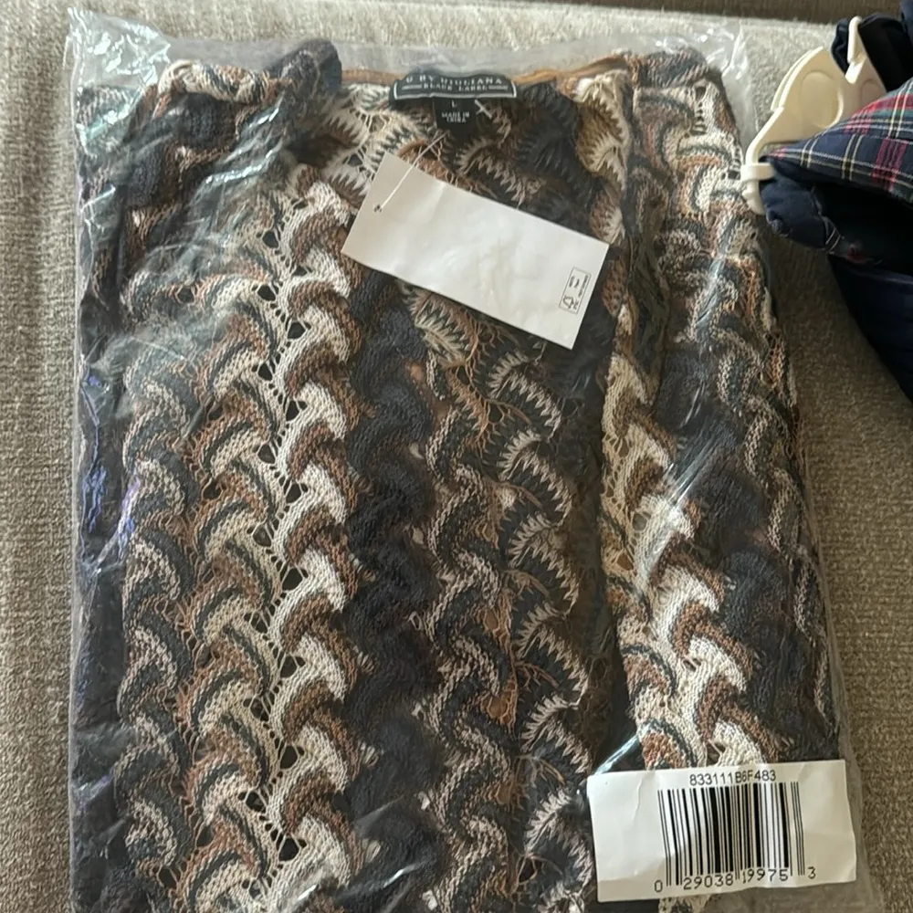 G By Giuliana Brown Black Cream Knit Crochet Topper Duster Cardigan Large - Image 2