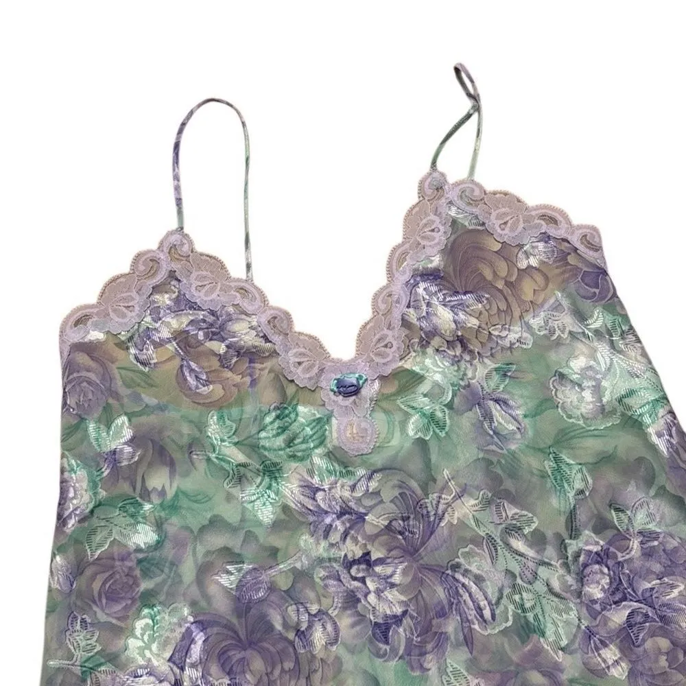 80s Vintage LA Intimates Purple and Green Floral Sheer Lace Chemise slip robe M Size M - Image 5
