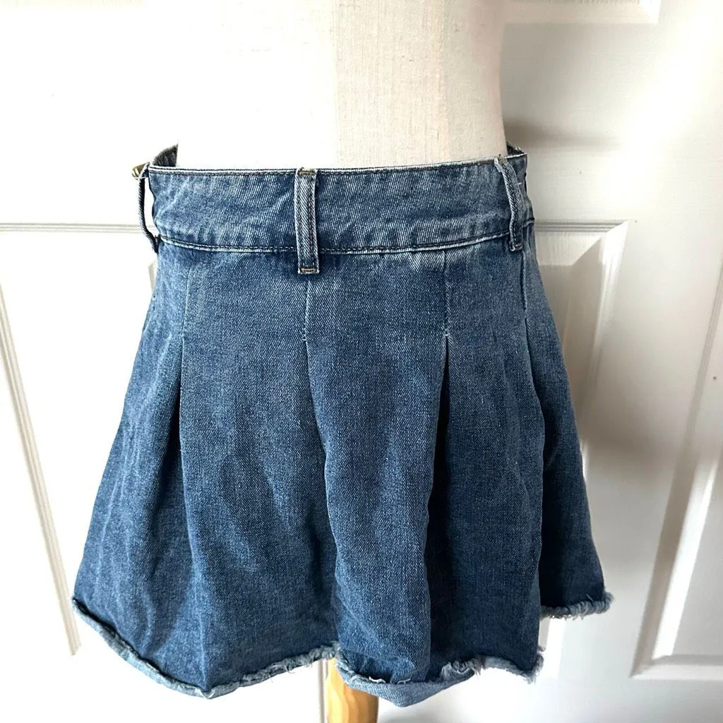 Cider Denim Pleated Mini Skirt • High Waist • Raw Hem - Image 2