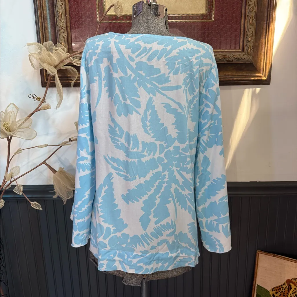 La Mer Luxe Blue White Tropical Leaf Print Top Flowy Cape Flutter Sleeve~L 💛🍄 Size L - Image 5