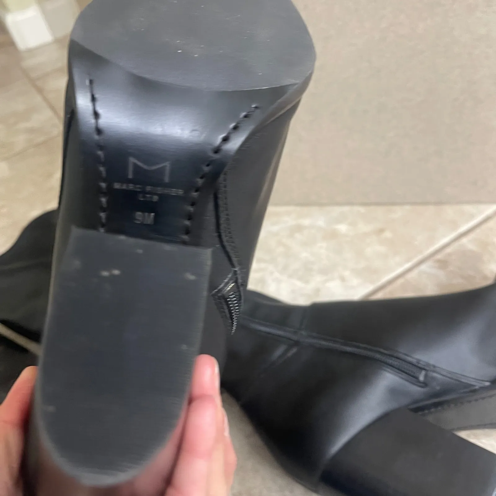 Marc Fisher mlanata LTD Black FAUX Leather Pointed Toe Block Heel Knee Boots 9M Size 9 - Image 7