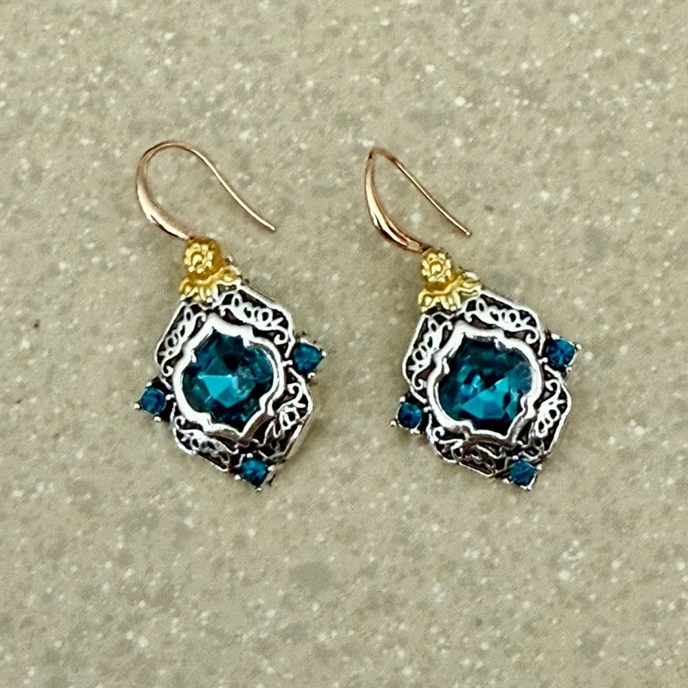 Earrings Silver Tone With Blue Crystals And Gold Accents Dangle New - Image 5