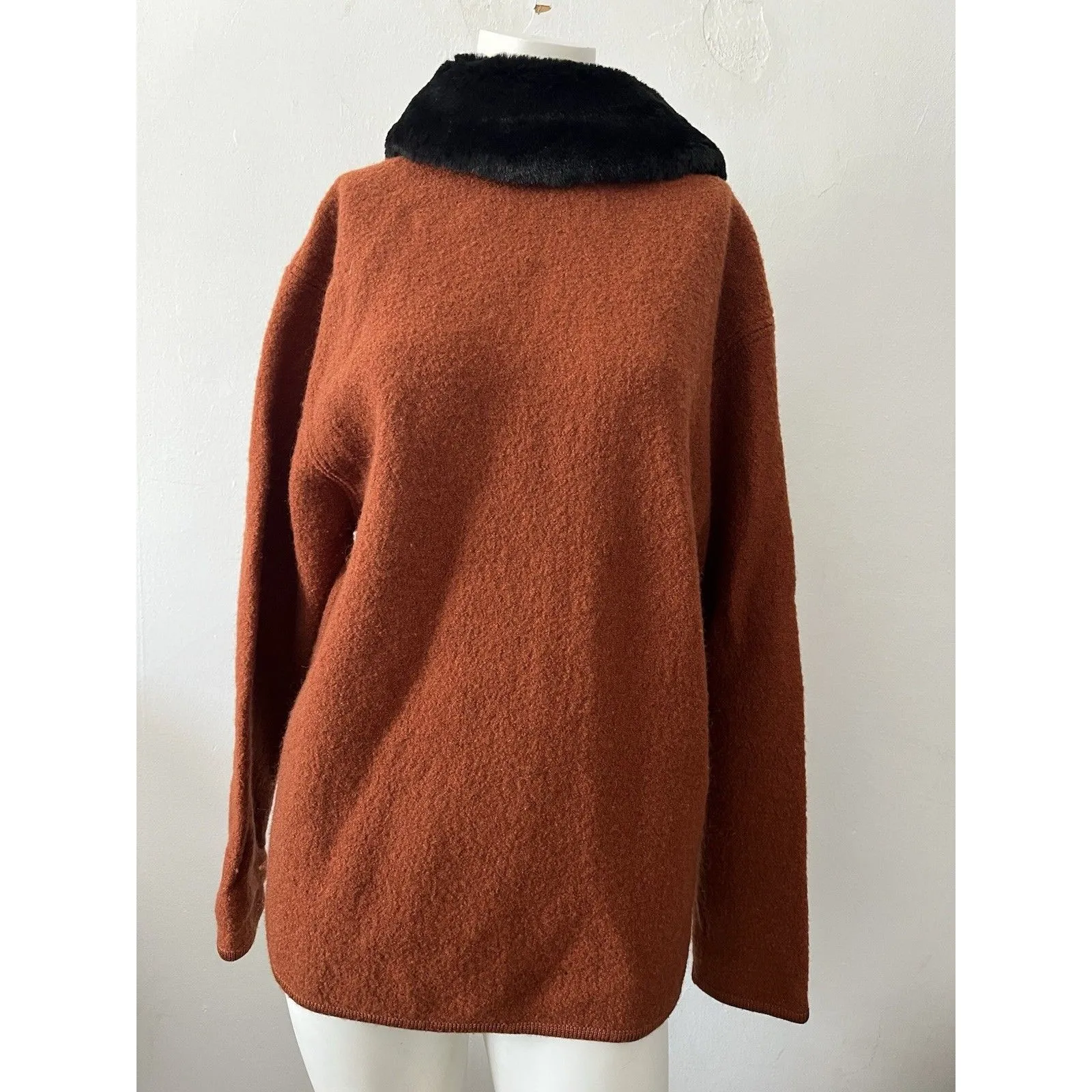 Vtg 80s Skyr wool rust Shacket L black Fur Collar old money quiet luxury grandma Orange Size L - Image 4