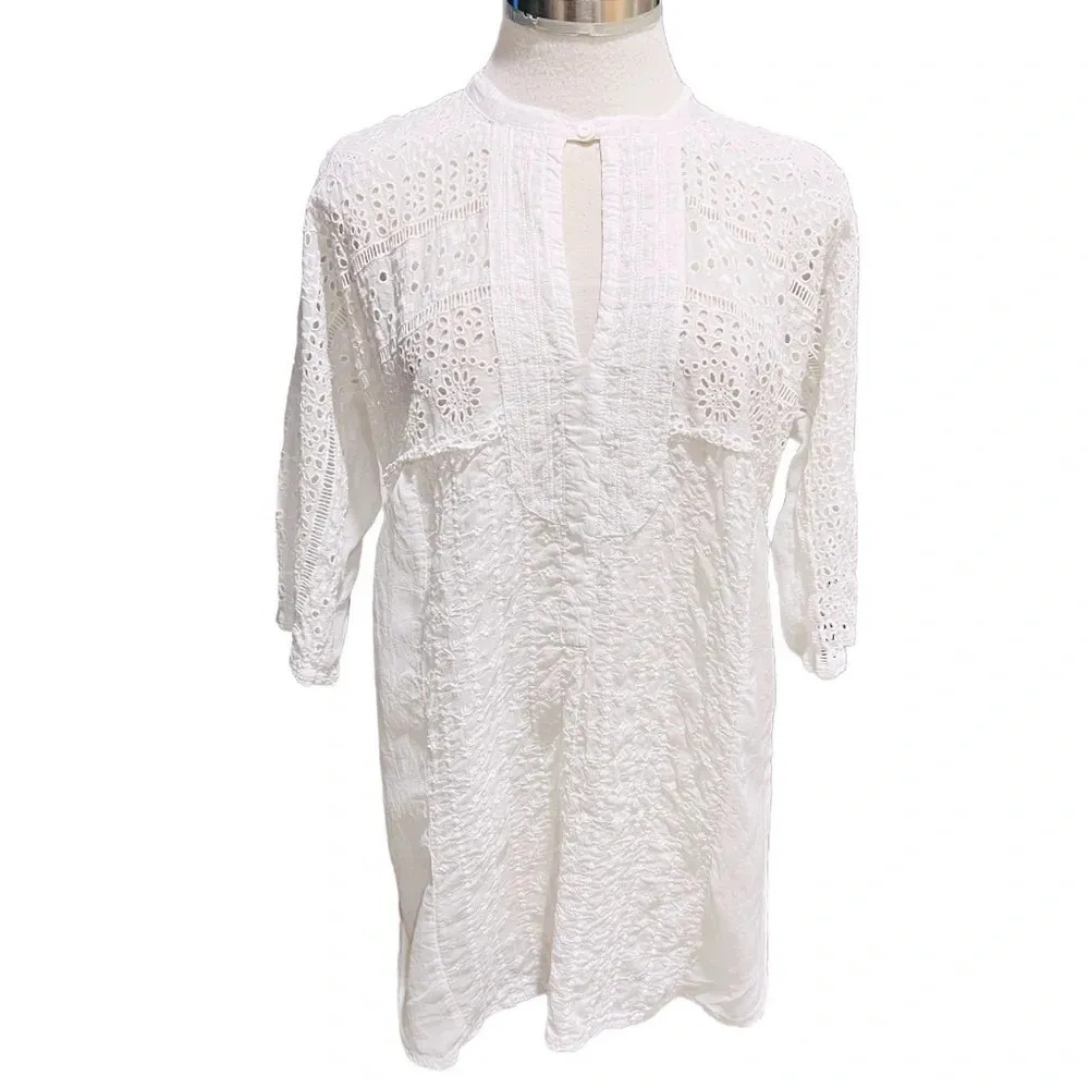 Johnny Was Rayon White Embroidered Eyelet Tunic Top Size Small - Image 6