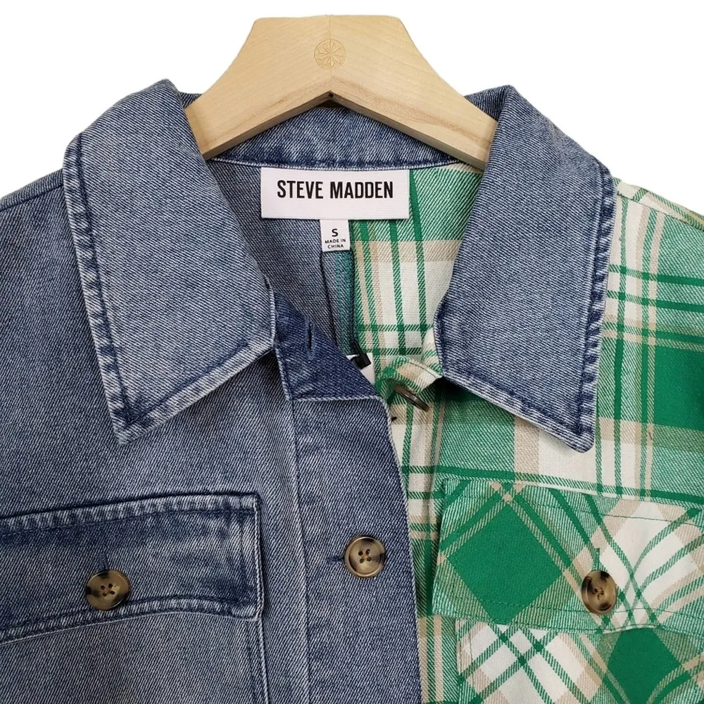 STEVE MADDEN Womens S Denim Flannel Mix Shirt Jacket Green Plaid NEW - Image 6