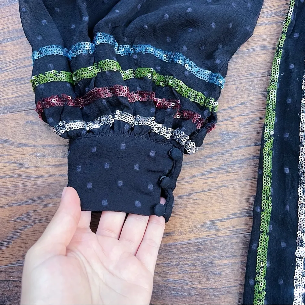 Rococo Sand • Sequin Striped Gown black chiffon rainbow swiss dot balloon sleeve Size XS - Image 9