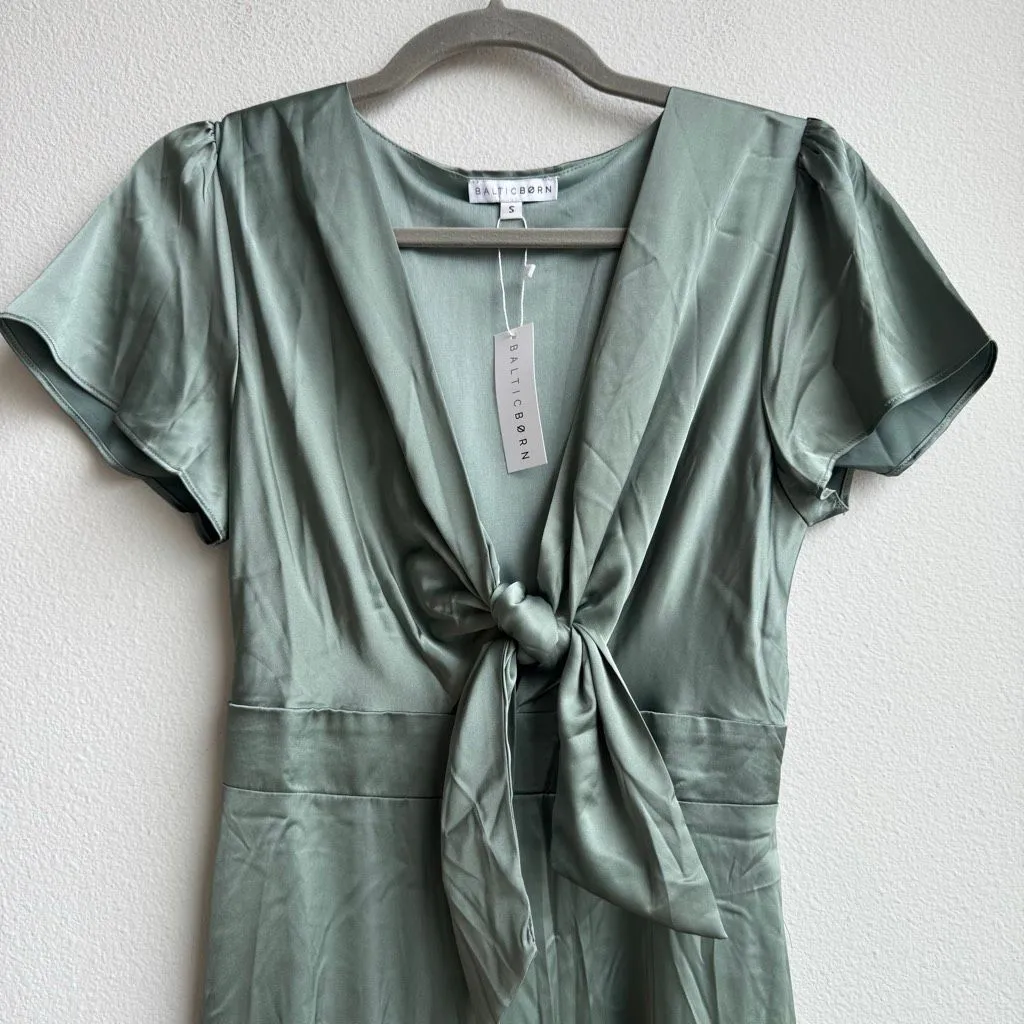 NWT Baltic Born Poppy Midi Dress Womens M Satin Eucalyptus Sage Green Tie Front - Image 3