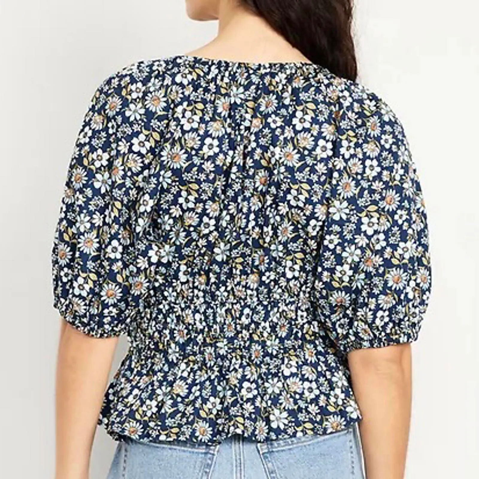 Cotton Foral Smocked V-Neck Peplum Top Old Navy Blue Fairy NWT Petite XS - Image 2