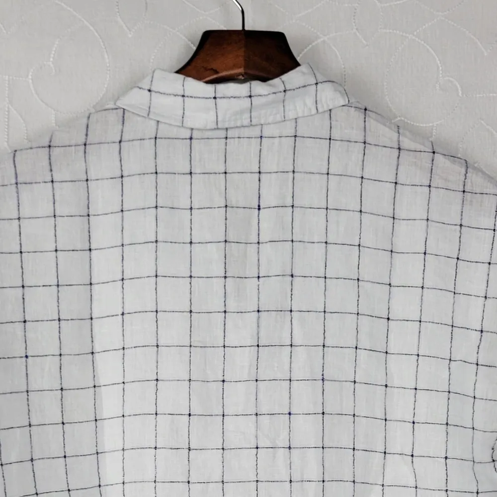 Tahari Womens Blouse Size S White Linen Windowpane Plaid Collared Lightweight - Image 5