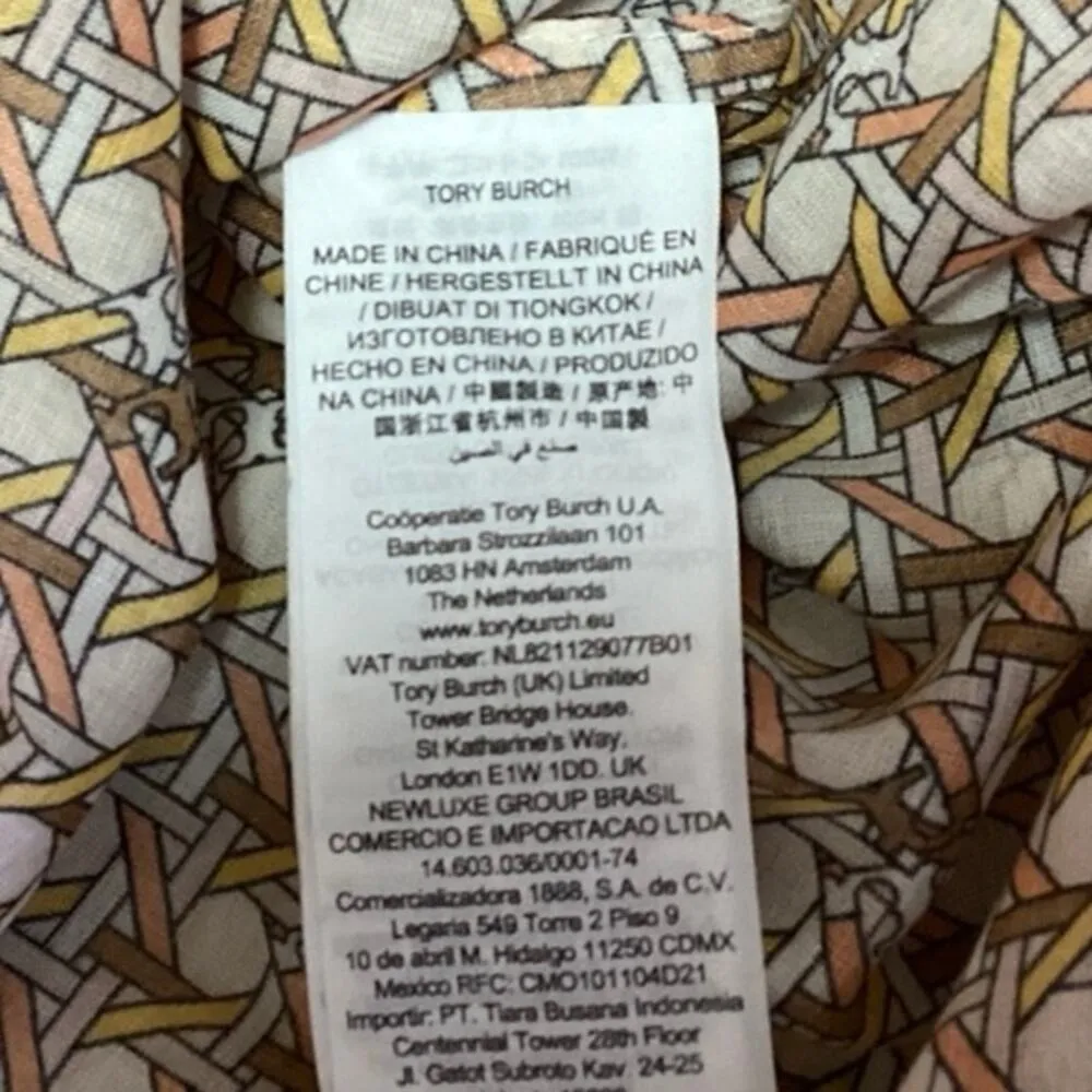 Tory Burch Multi Geometric Basket Weave Print Voile Tassel V-Neck Tunic Top XS - Image 5