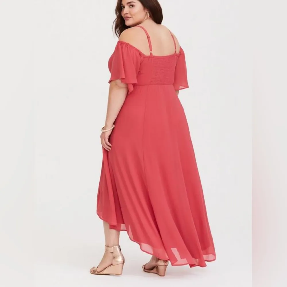 Coral Cold Shoulder Chiffon Maxi Dress 2X High~Low Fall Fashion Party - Image 2