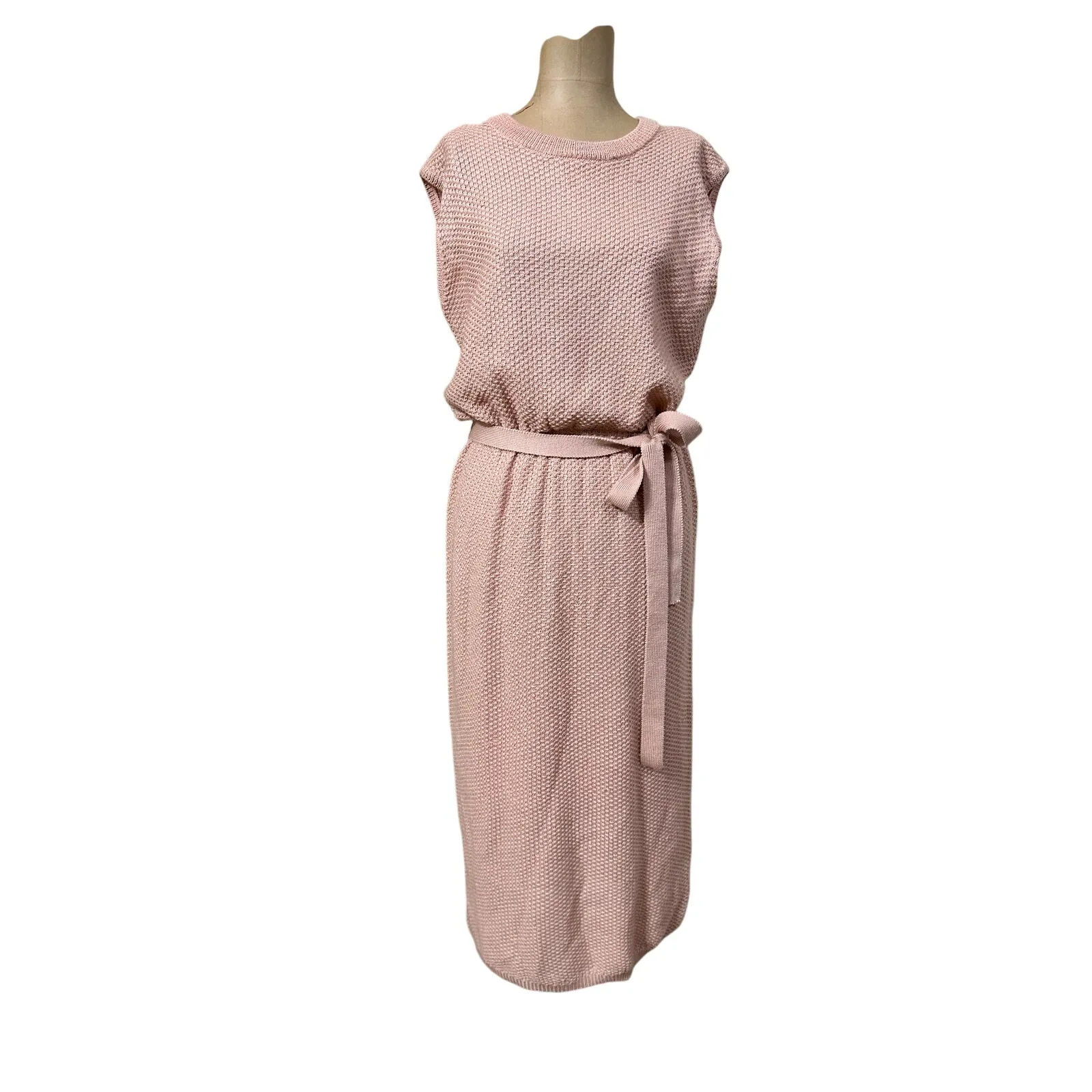 Callahan Midi Sweater Dress Light Pink Open Knit Sleeveless Belted - Image 5