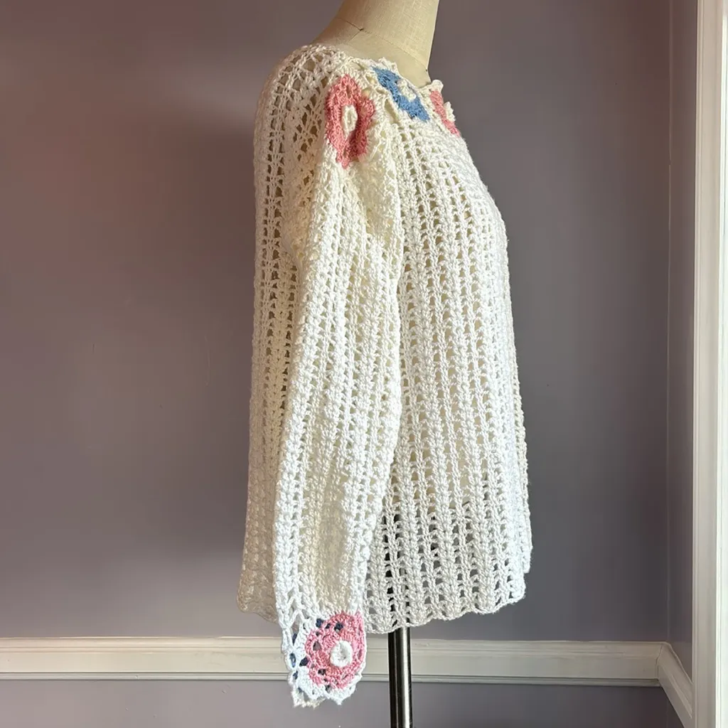 Vintage crochet open weave sweater with pink and blue granny square accents - Image 2