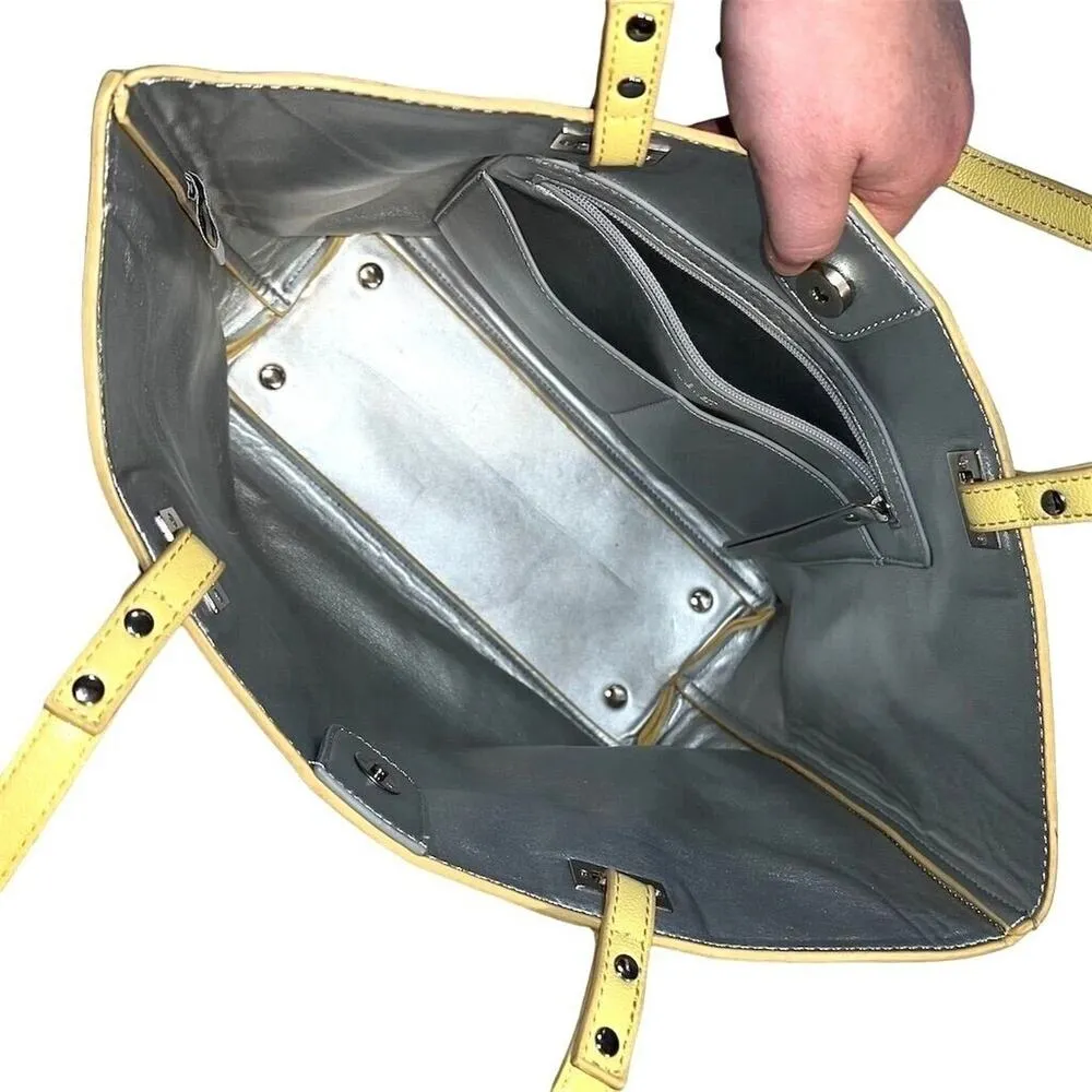 Nine West Ava Faux Leather Tote Bag Purse Floral Laser Cut Design Yellow Silver - Image 9