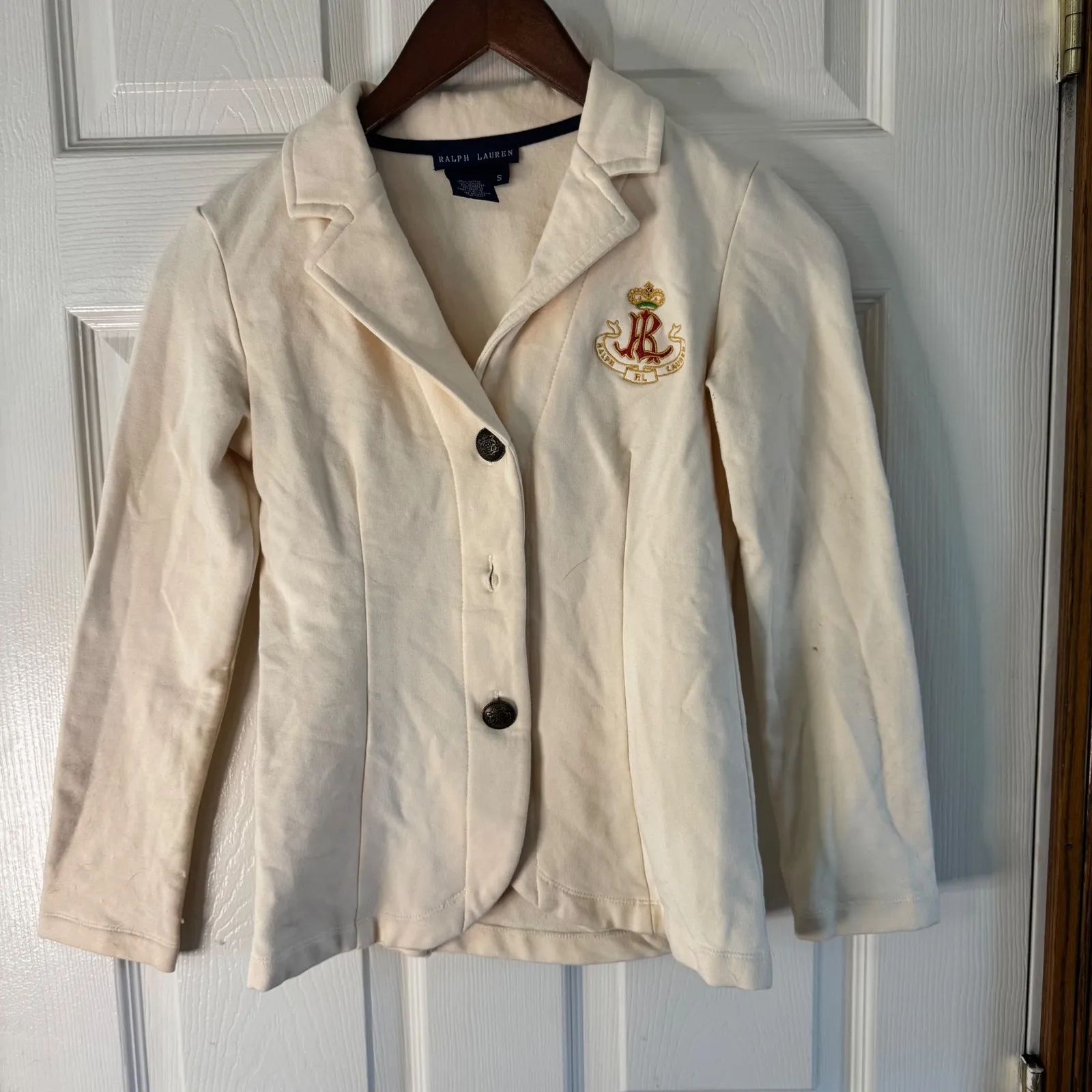 Ralph‎ Lauren Blazer Jacket Knit Cream Button Front Embellished Logo Size S - Image 8