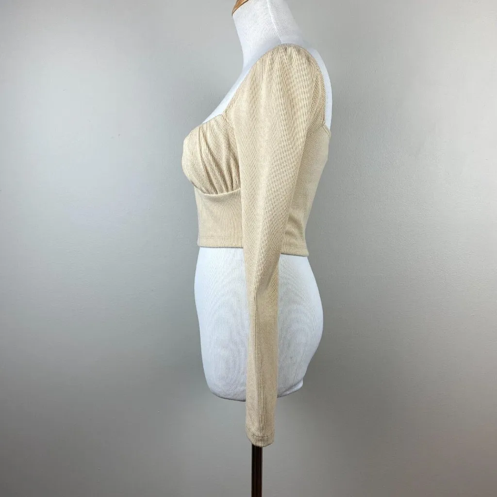 Princess Polly Crop Top 6‎ Beige Ribbed Knit Sweetheart Ruched Long Sleeve - Image 6
