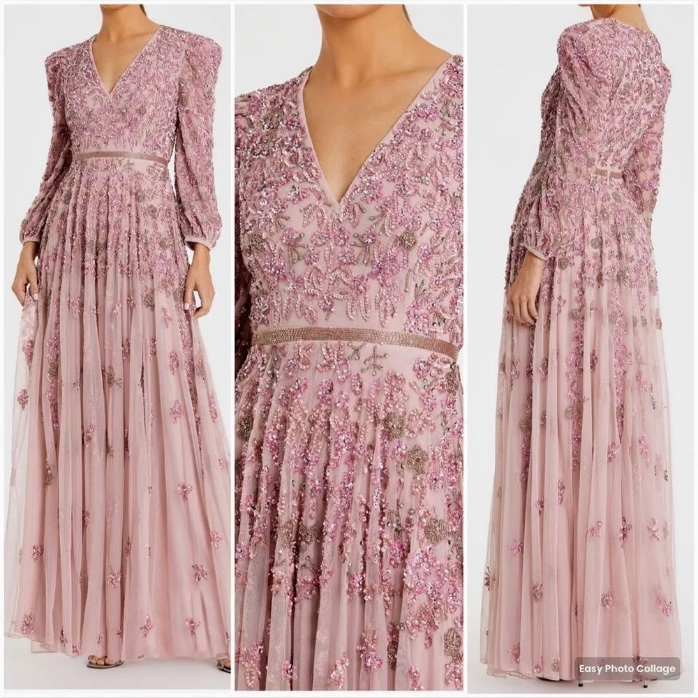 Mac Duggal 5497 Womens Embellished V Neck 3/4 Sleeve A Line Gown Dress - Image 3