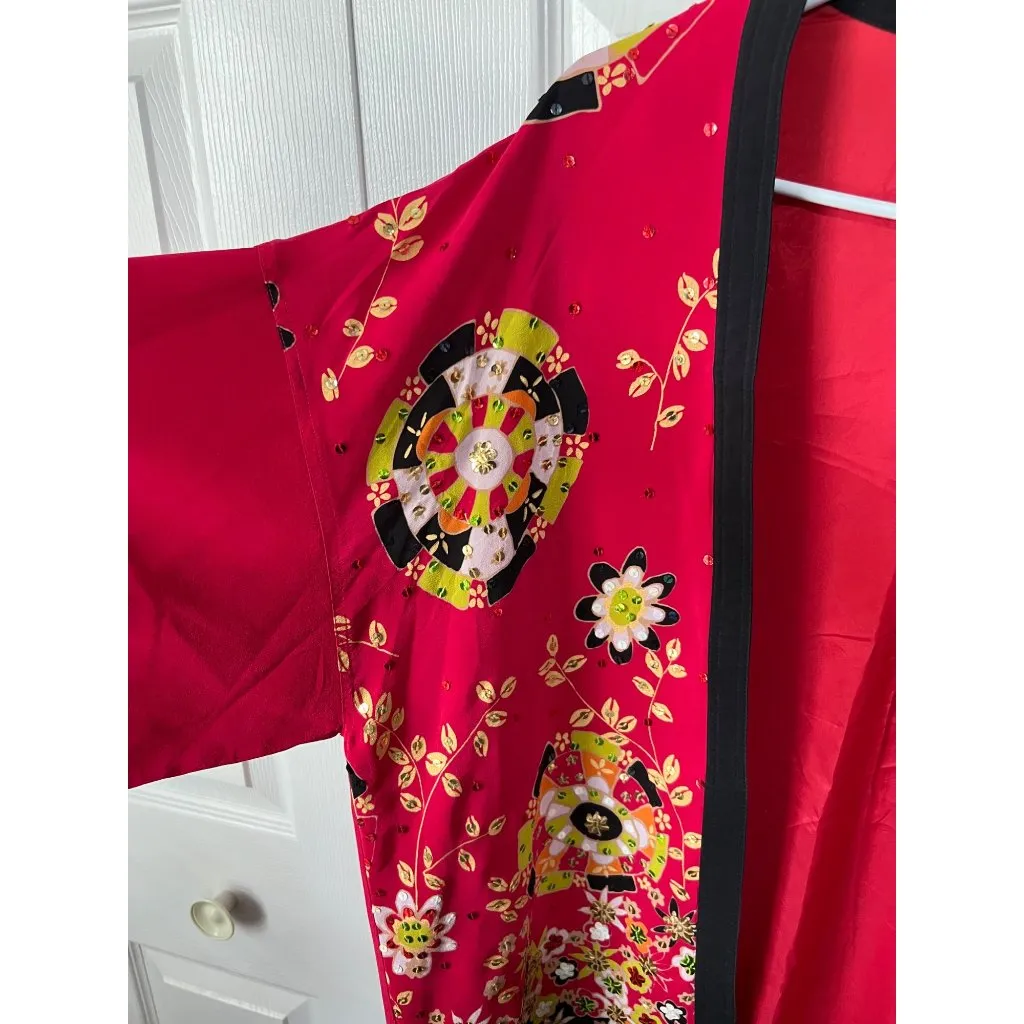 Diane Gilman Red Floral Kimono Jacket 100% Silk Lightweight Open Front Womens L - Image 3